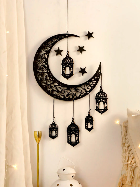 Wooden Crescent Moon and Star Lantern